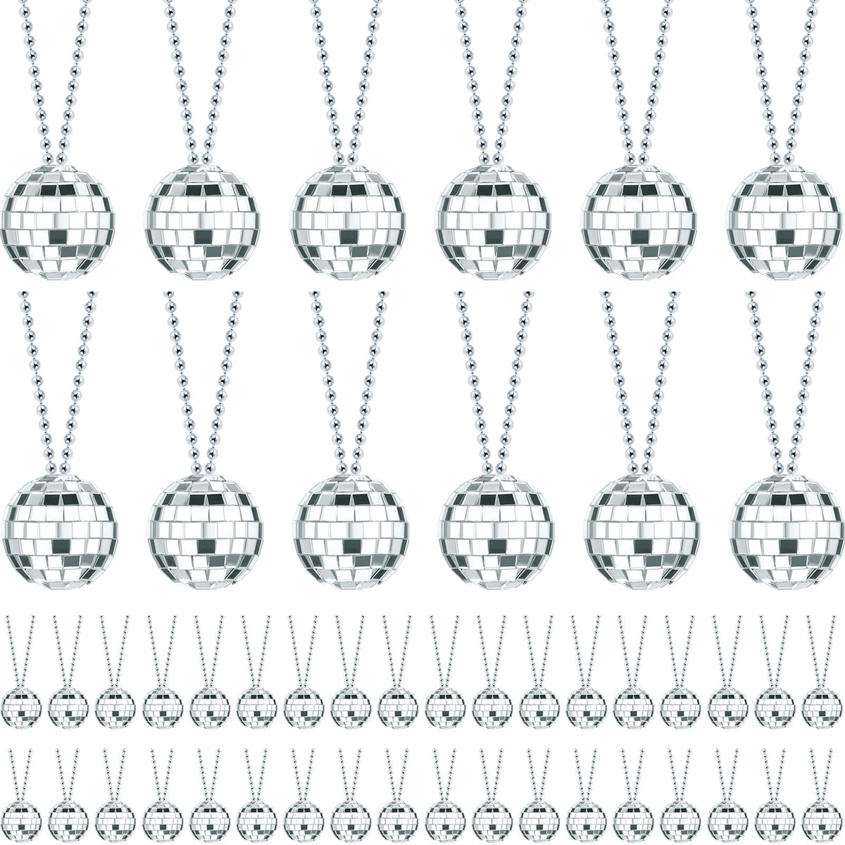 Junkin disco necklaces with 48 silver mirror balls reflect lights for festive décor