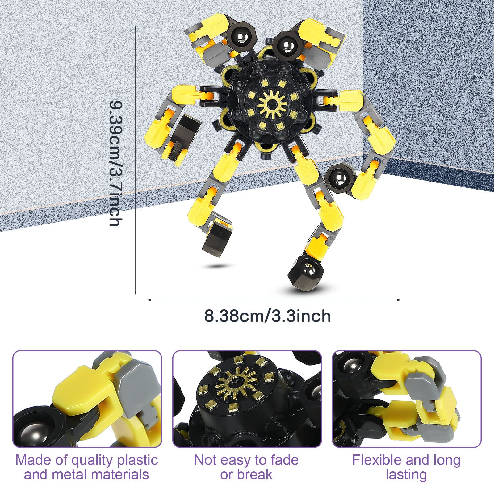 Junkin transformable chain spinner demonstrates multiple rotating links for extended focus sessions.