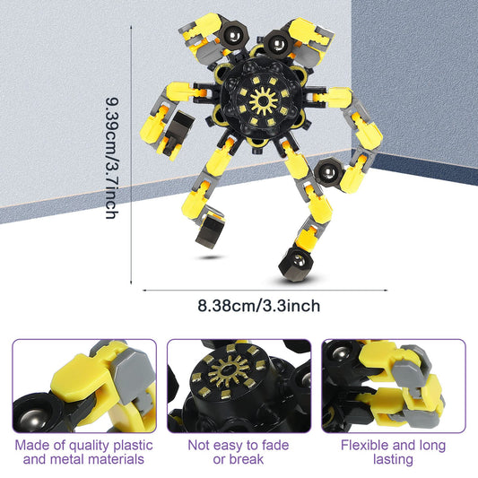 Junkin transformable chain spinner demonstrates multiple rotating links for extended focus sessions.