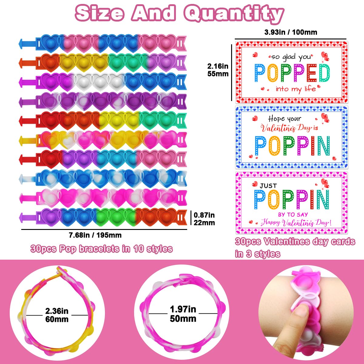 JUNQIU US pop bracelet valentines closeup showing soft silicone and pop sound