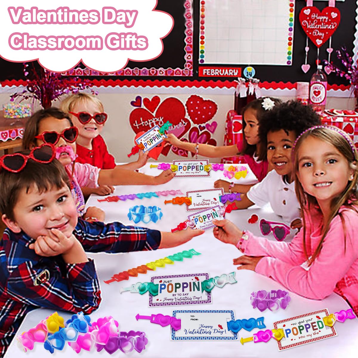 JUNQIU US valentines card exchange setup in a classroom