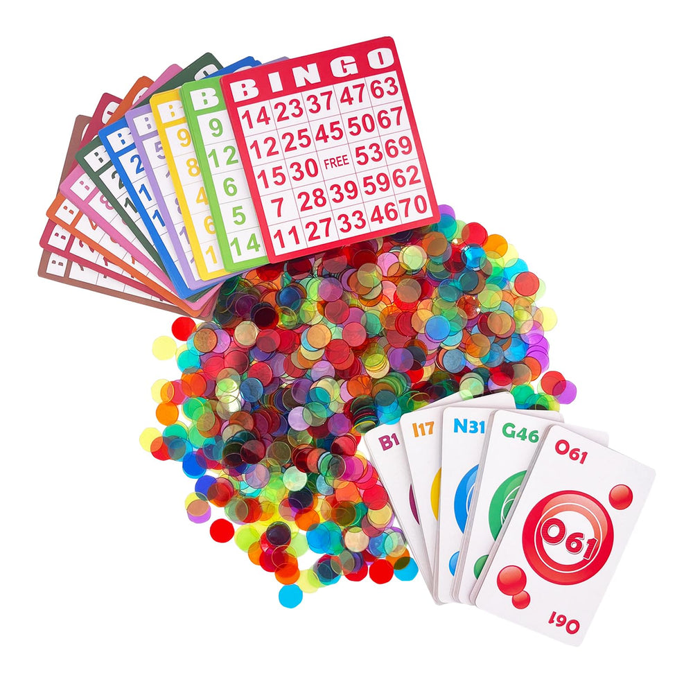 JUNWRROW bingo set with bag and chips for portable family game nights.