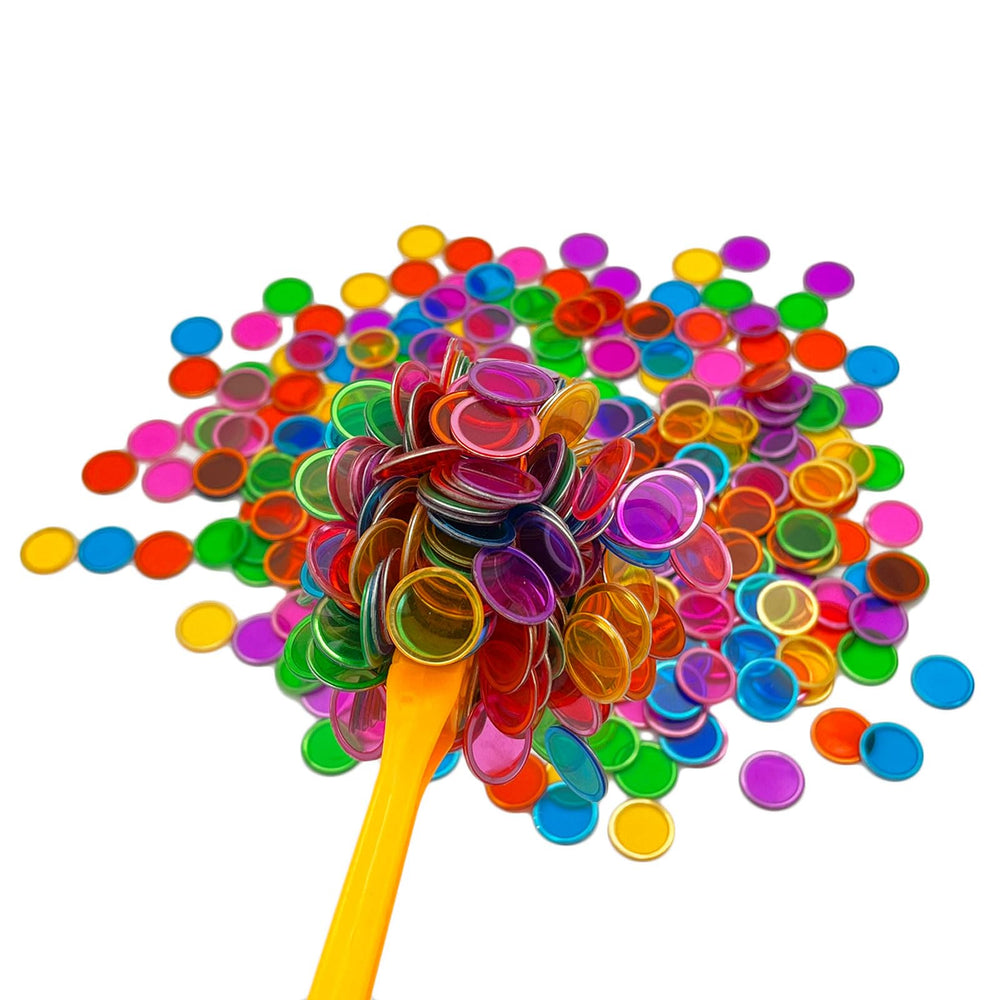 Six-color bingo chips in red, yellow, green, pink, purple, blue.