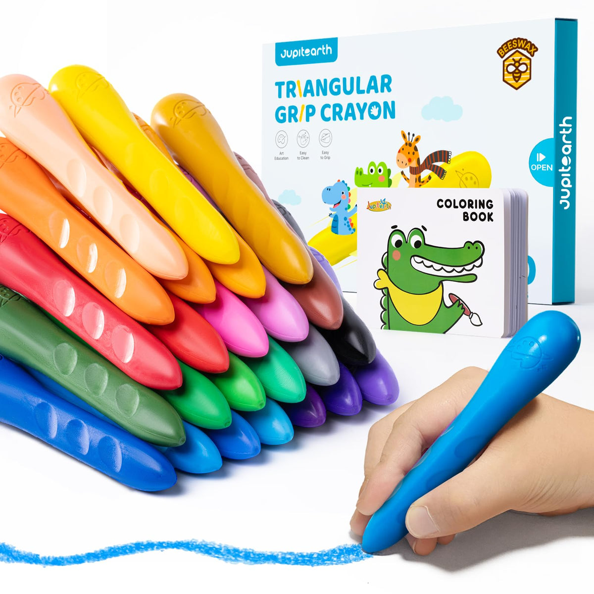 JUPITEARTH triangle crayons close-up showing finger guides for better grip