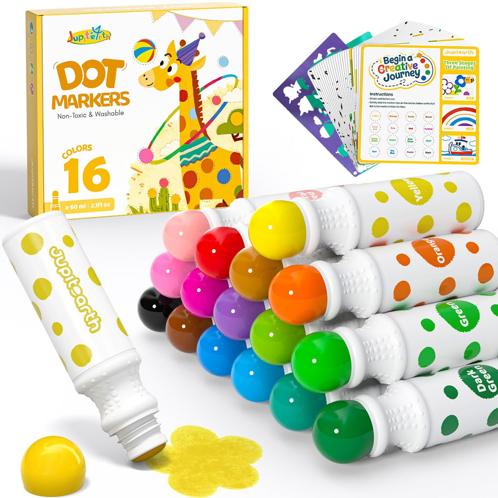 JUPITEARTH dot markers with ergonomic barrels for easy toddler grip.