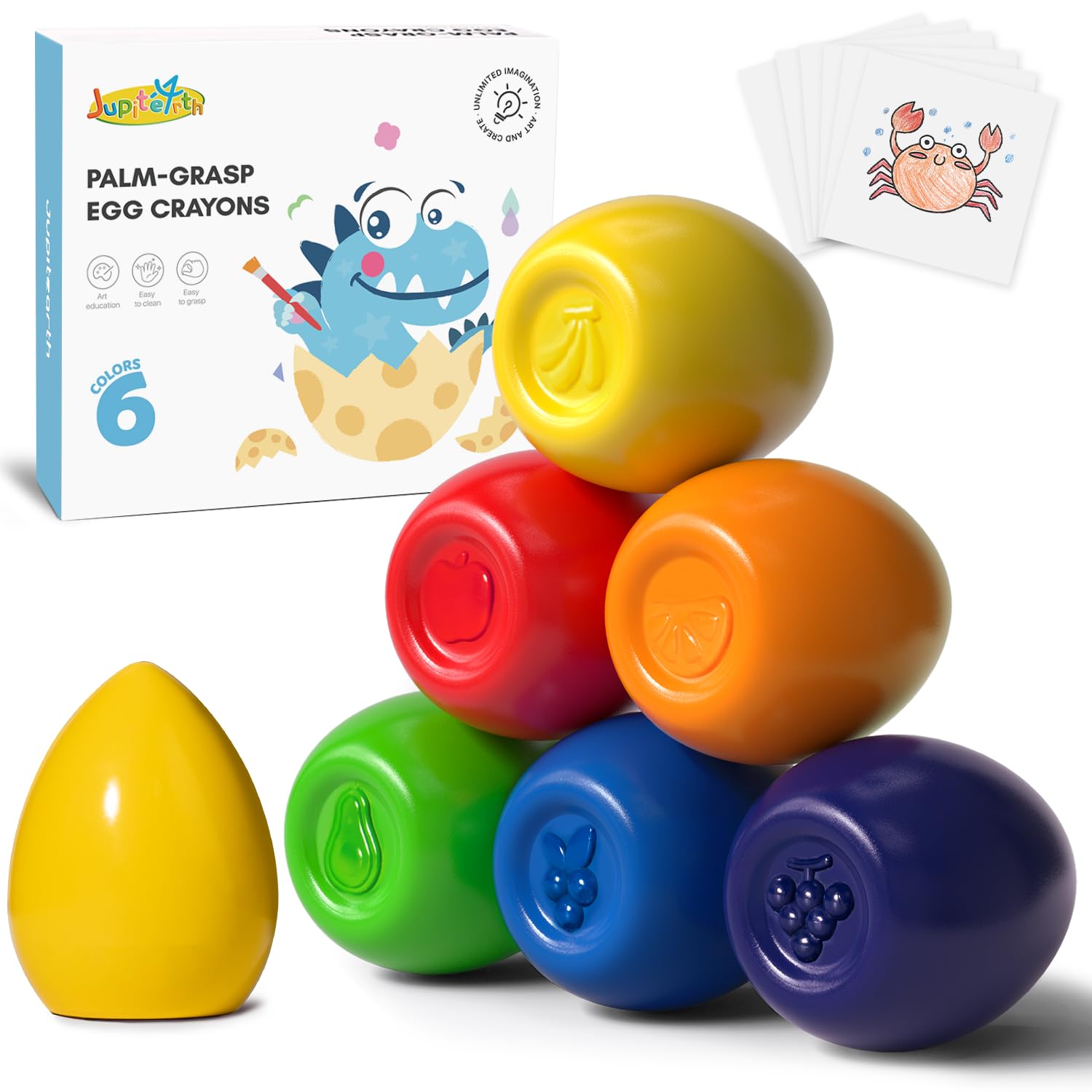 JUPITEARTH egg crayons in six colors with patterns boost color recognition and creativity for kids.