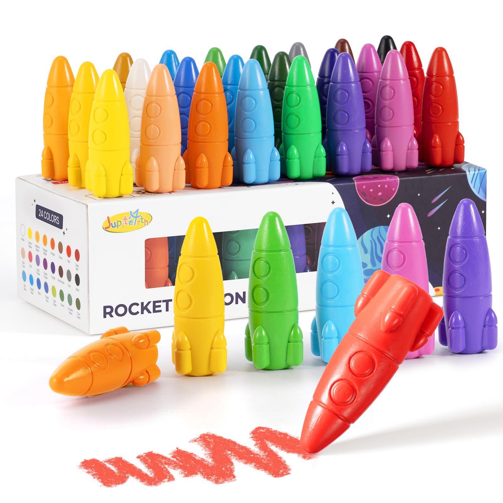 Jupiterarth rocket crayons 24 colors box offers kid-friendly coloring with easy cleanup.