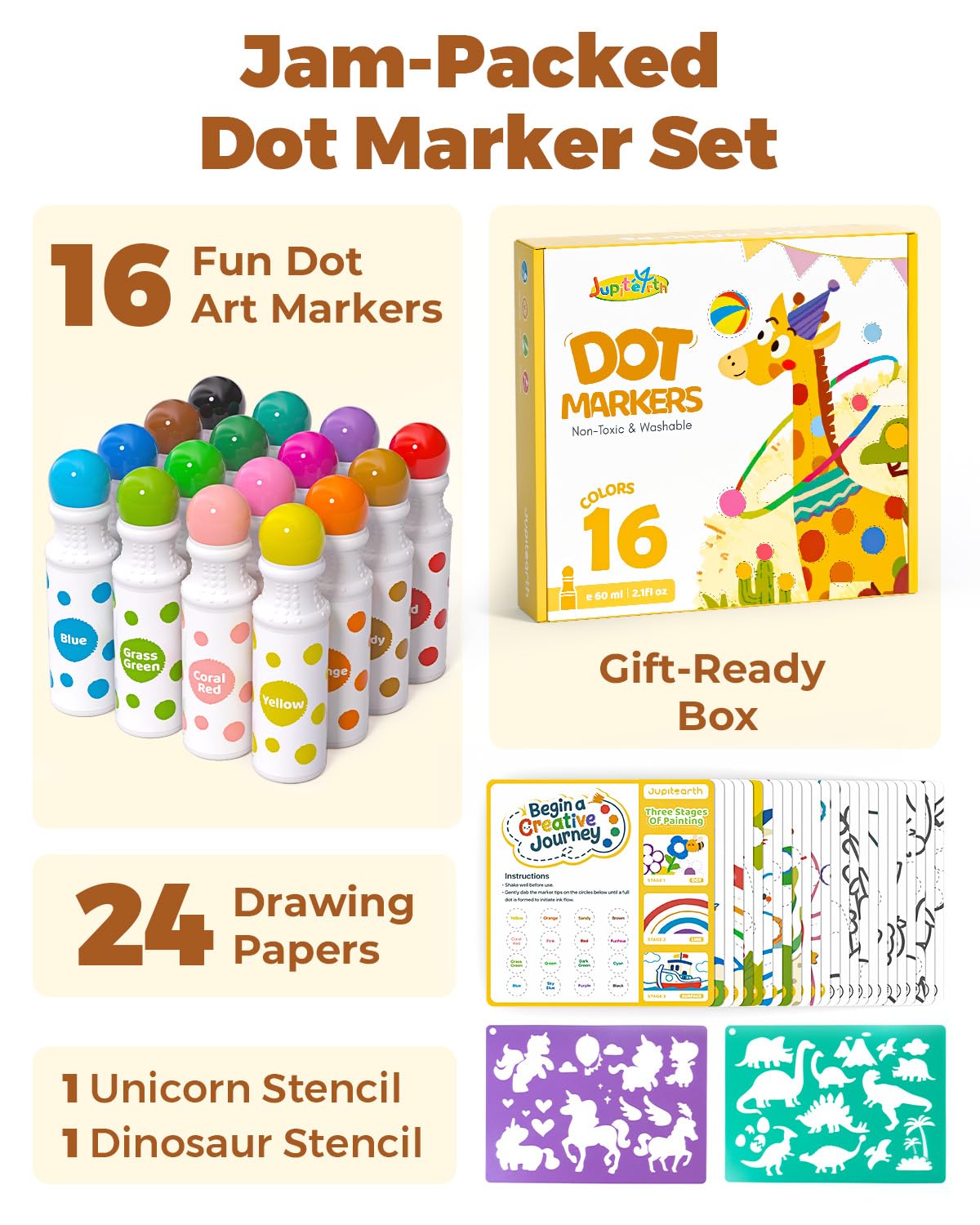JUPITEARTH unicorn stencil inspires imaginative art using dot markers.
