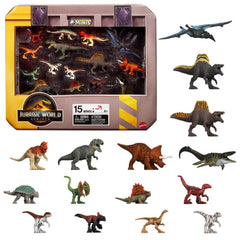 Jurassic World 15-pack mini dinosaur figures featured in rebirth edition for imaginative play and display.