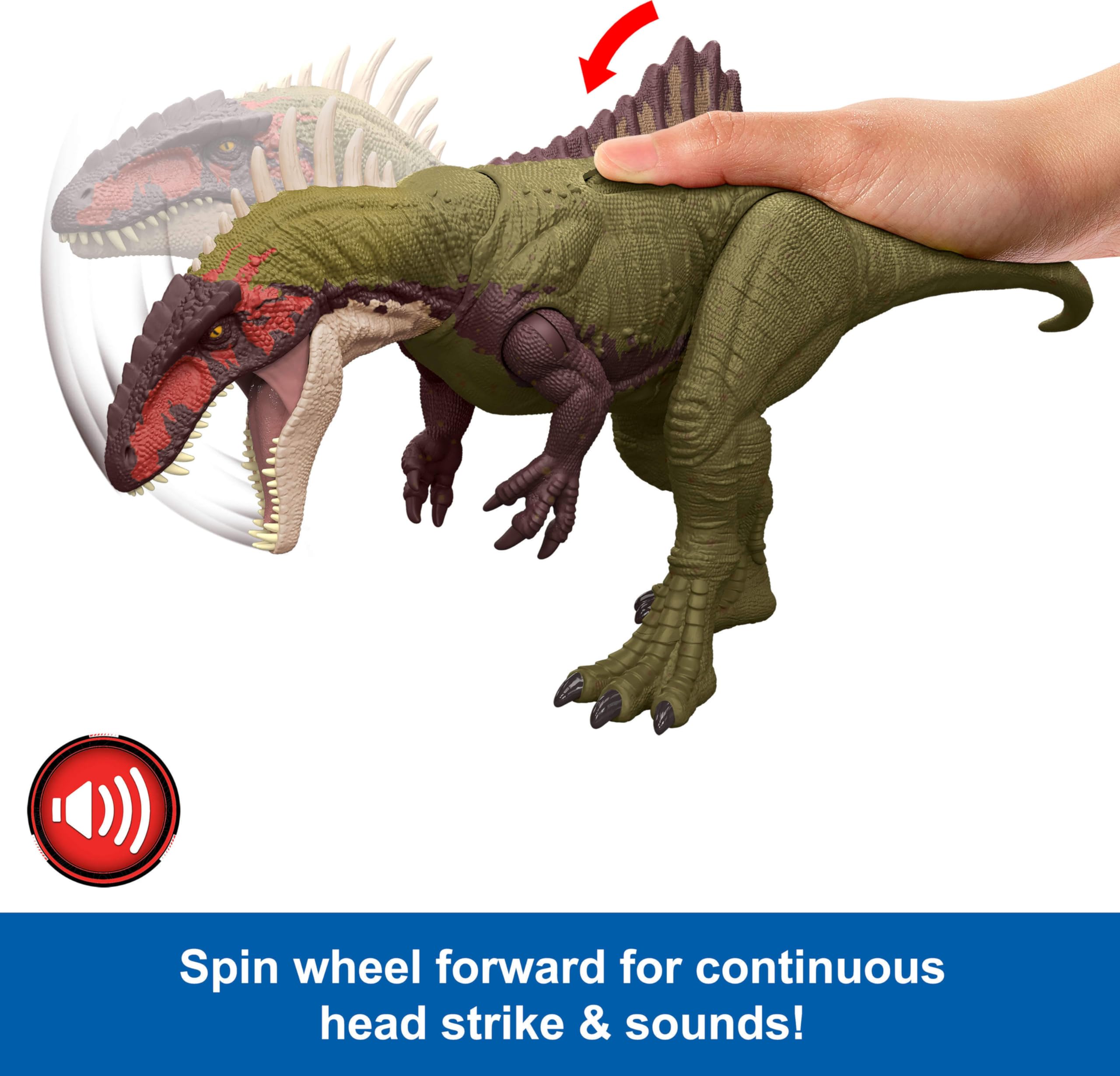 Jurassic World Becklespinax roaring sounds enhance pretend combat.