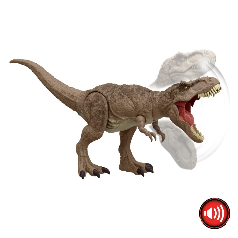 Jurassic World Chaos Theory T. rex ready to bite with oversized teeth for fierce battles.