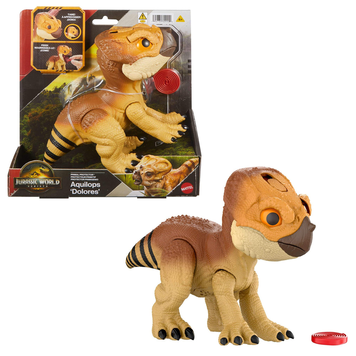 Jurassic World Aquilops Dolores front view for imaginative play with kid-friendly design.