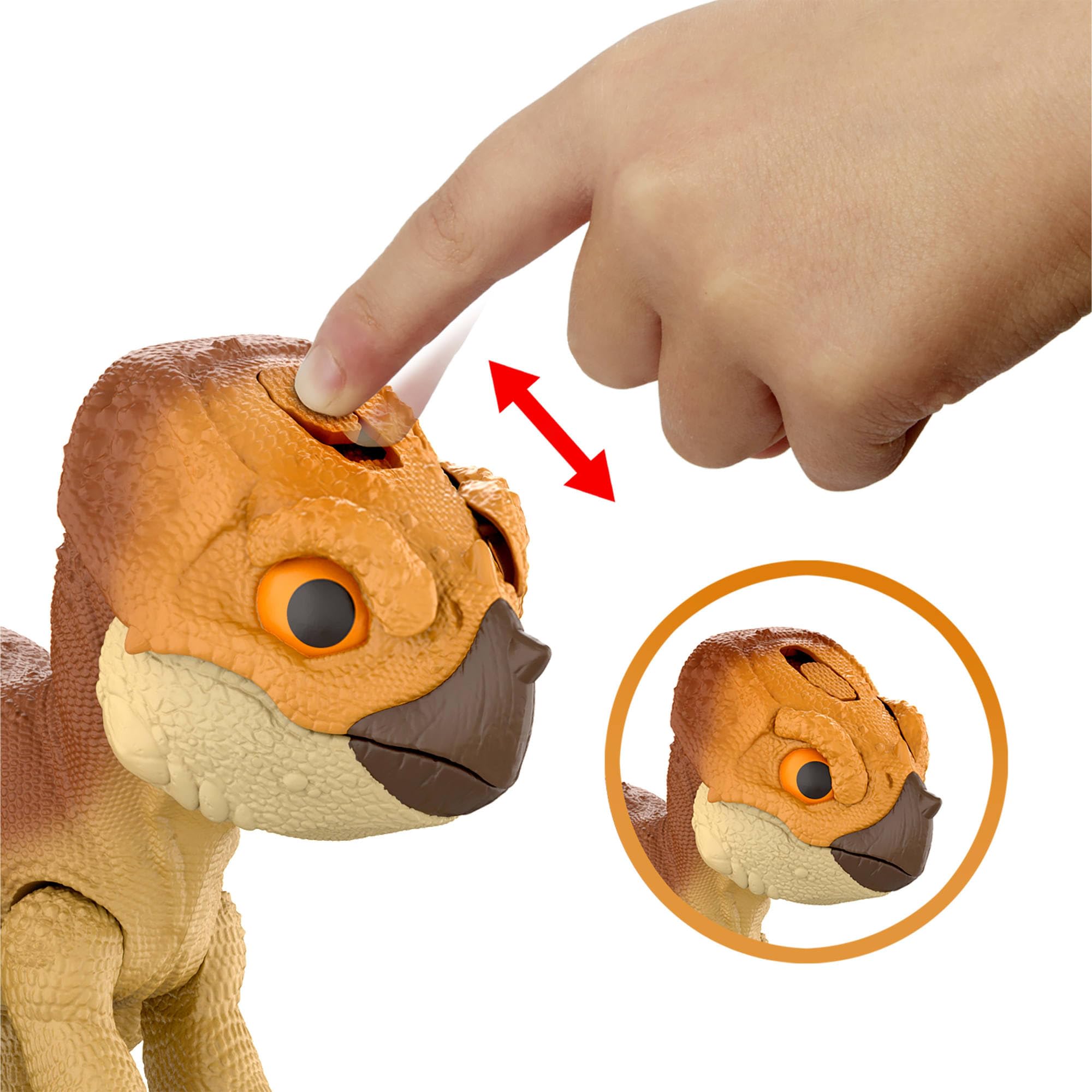 Jurassic World Aquilops Dolores tail-attack action triggers exciting pretend defense.