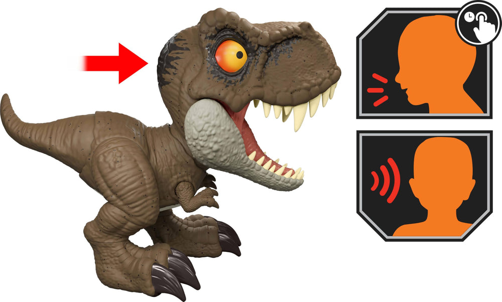 Jurassic World six point five inch tall T-Rex figure held by small hands