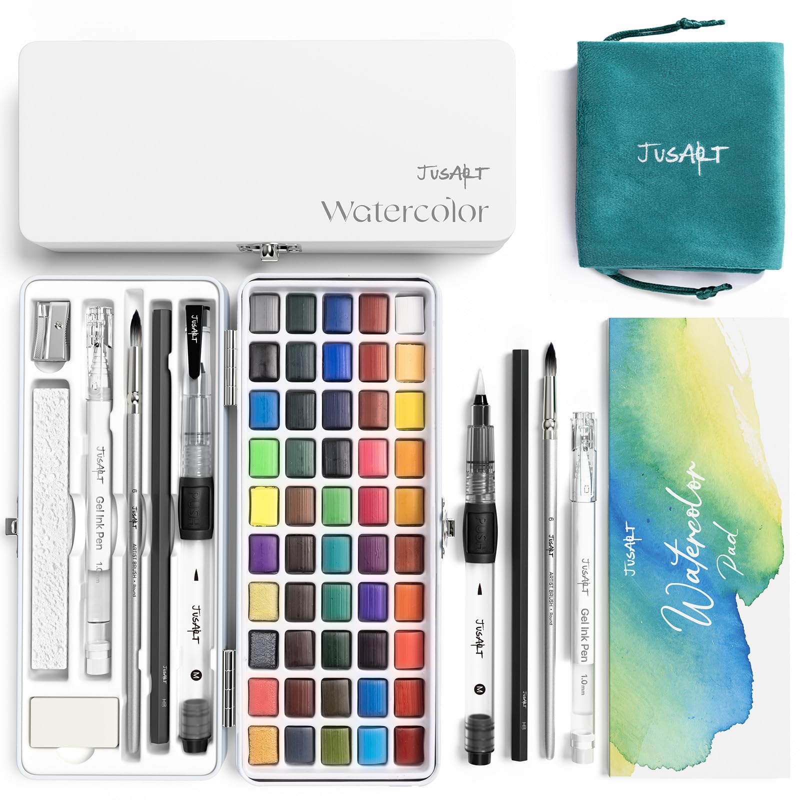 JusArt 50 Colors watercolor set packaging—vibrant palette ready for travel sketching.