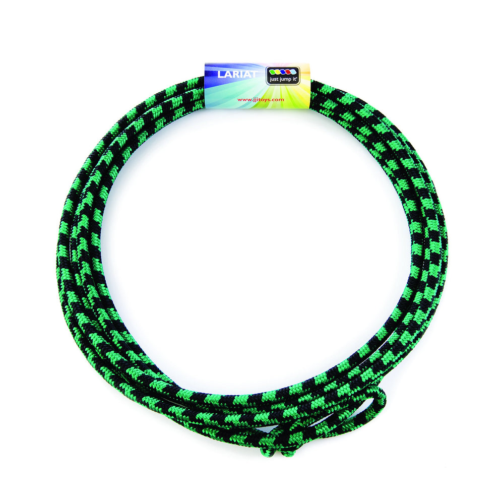 Just Jump It Lil Lariat close-up of the 20ft rope and colorful sheath for safe practice.