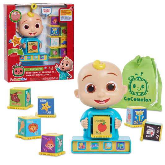 Just Play CoComelon JJ Phonics Fun console with seven blocks for early learning on the go