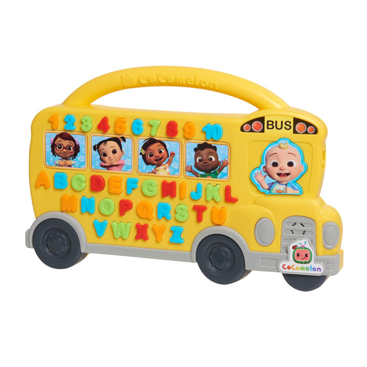 Just Play Cocomelon Learning Bus front view with colorful buttons for letters and counting.