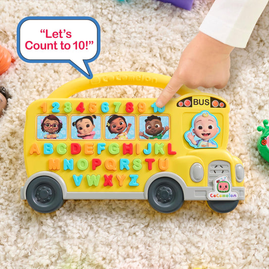 Just Play Cocomelon Learning Bus side panel showing number keys for counting practice.
