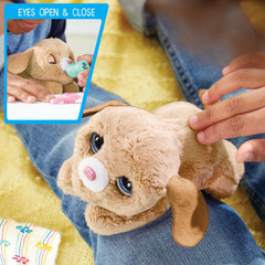 Just Play furReal puppy next to hand showing compact 6-inch size advantage