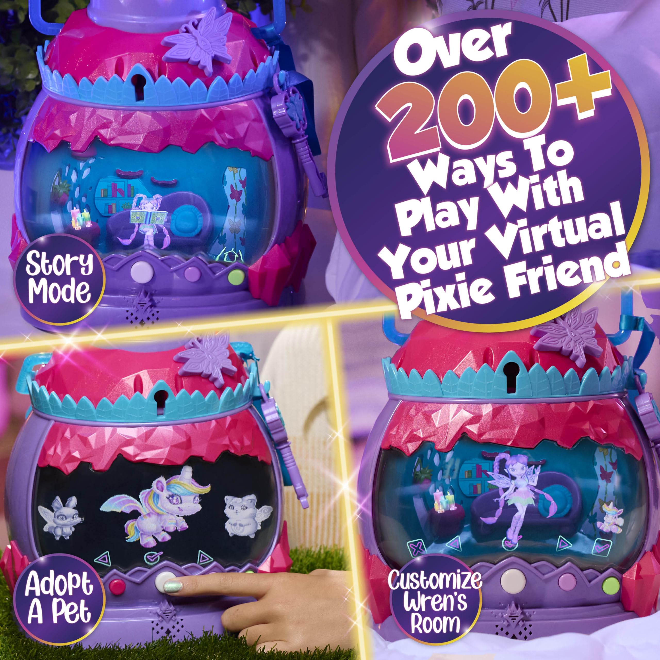 Just Play HOLOBRITE Pixie Lantern unboxing captures Wren doll emerging for play.