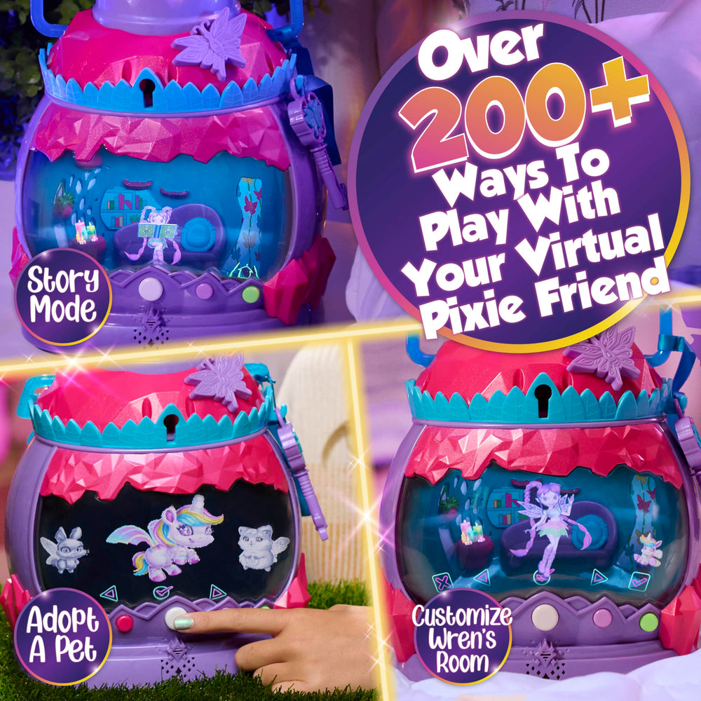 Just Play HOLOBRITE Pixie Lantern unboxing captures Wren doll emerging for play.