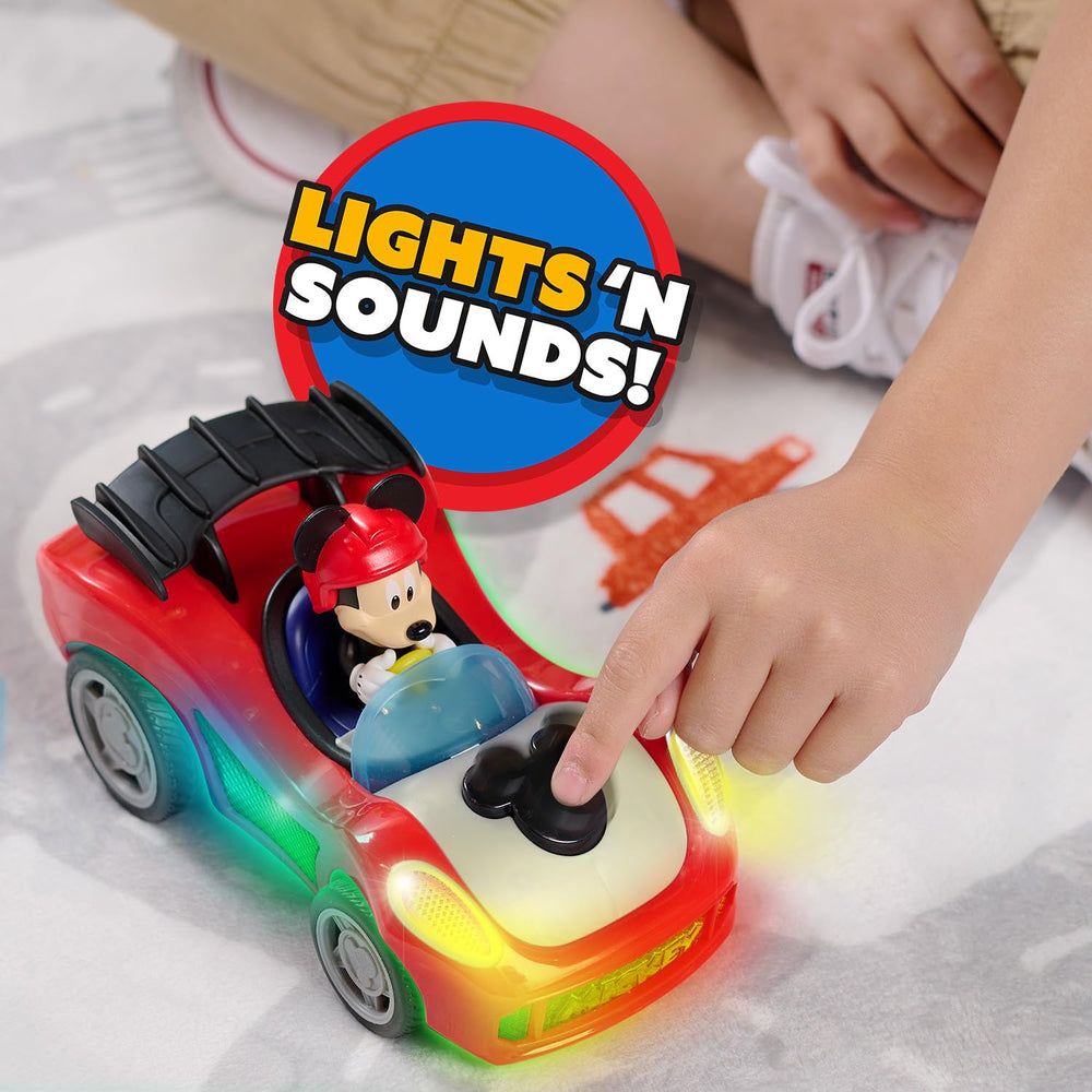 Just Play Mickey Mouse Rev 'n Glow Racer battery compartment is simple for quick setup.