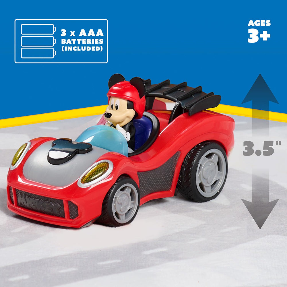 Just Play Mickey Mouse Rev 'n Glow Racer lights and sounds engage kids during playtime.