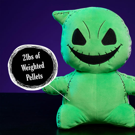 Just Play Oogie Boogie plush in glowstick-green fabric for sensory comfort.
