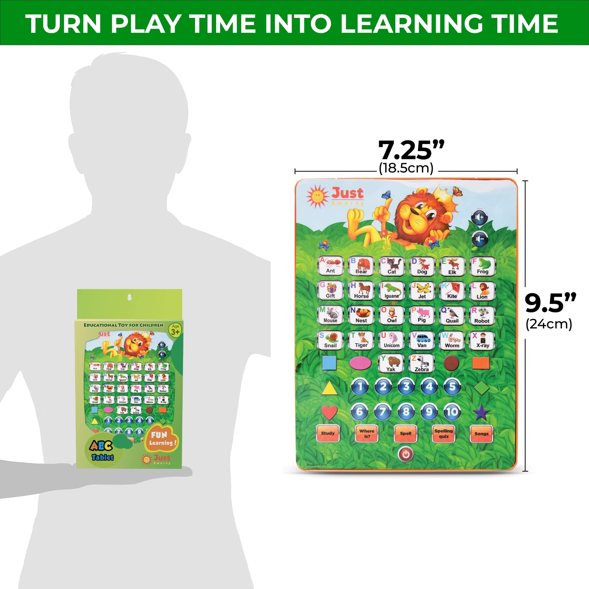Just Smarty Alphabet Tablet adjustable volume control for quiet use at night.