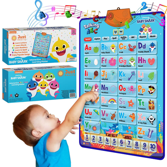 Just Smarty Baby Shark alphabet poster designed to support early literacy in a playful learning space.