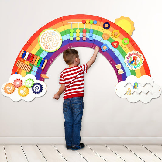 Justforjoyful 5ft Sunshine Rainbow Wall Panel demonstrates bright tactile play and easy wall mounting benefits.