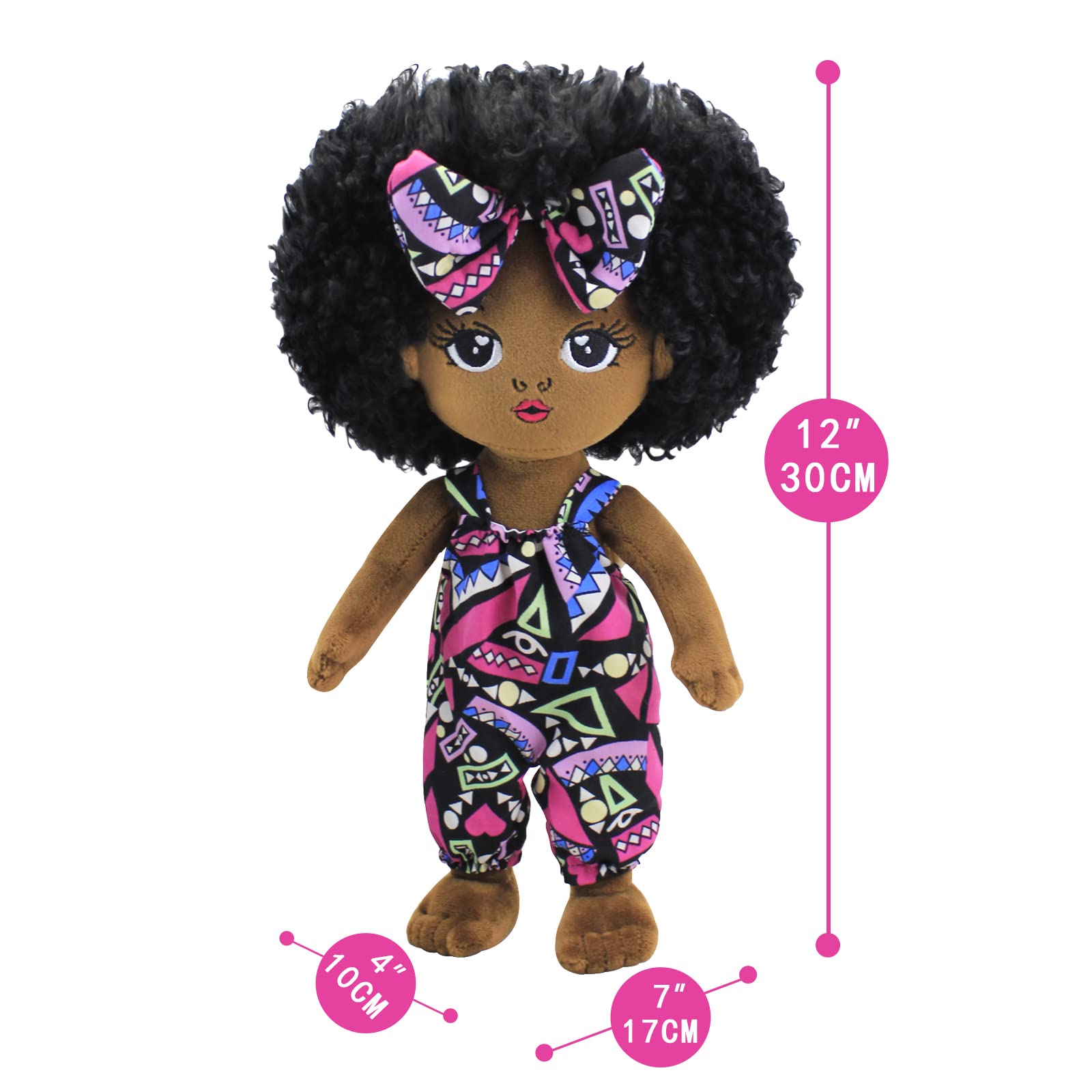 JUSTQUNSEEN African American doll wearing pink plaid dress and coat.