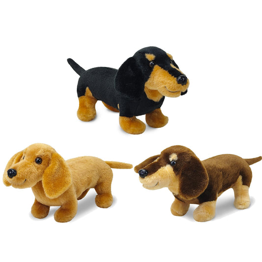 JUSTQUNSEEN dachshund plush set front view, three-color trio for imaginative play.