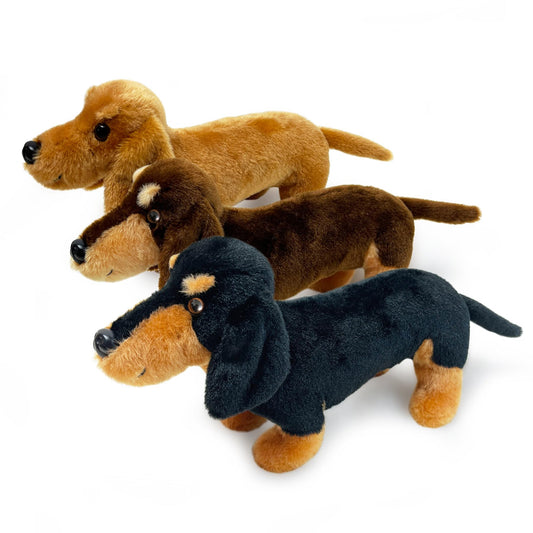 JUSTQUNSEEN dachshund plush set side view, ideal bedtime companion.