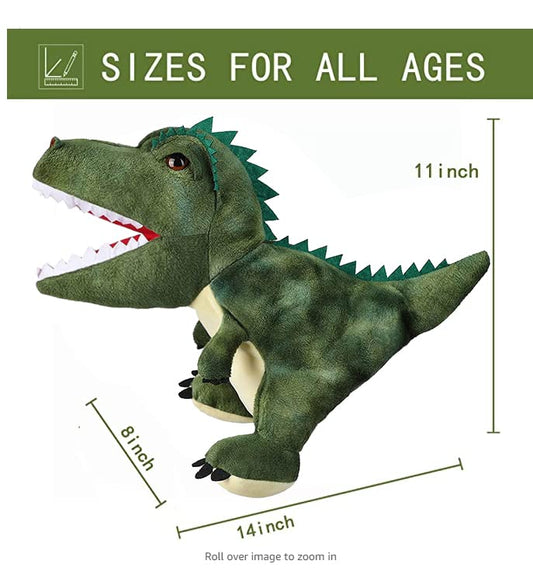 JUSTQUNSEEN dinosaur hand puppet face detail highlighting eyes and smile for expressive play