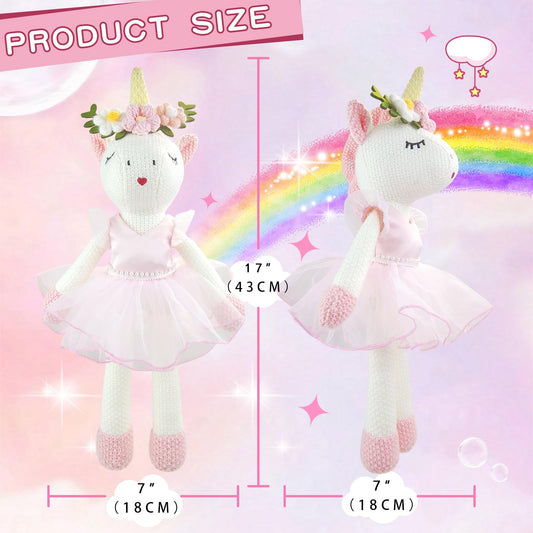 JUSTQUNSEEN unicorn plush pink dress detail enhances imaginative playtime moments.