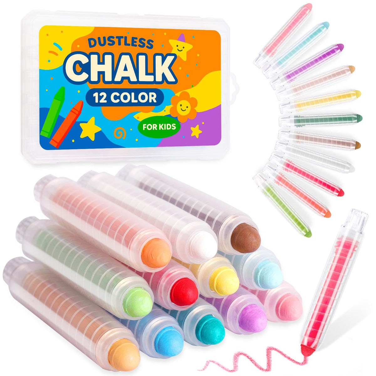 JustRed dustless chalk set with 12 colors in a box for mess-free creativity indoors.
