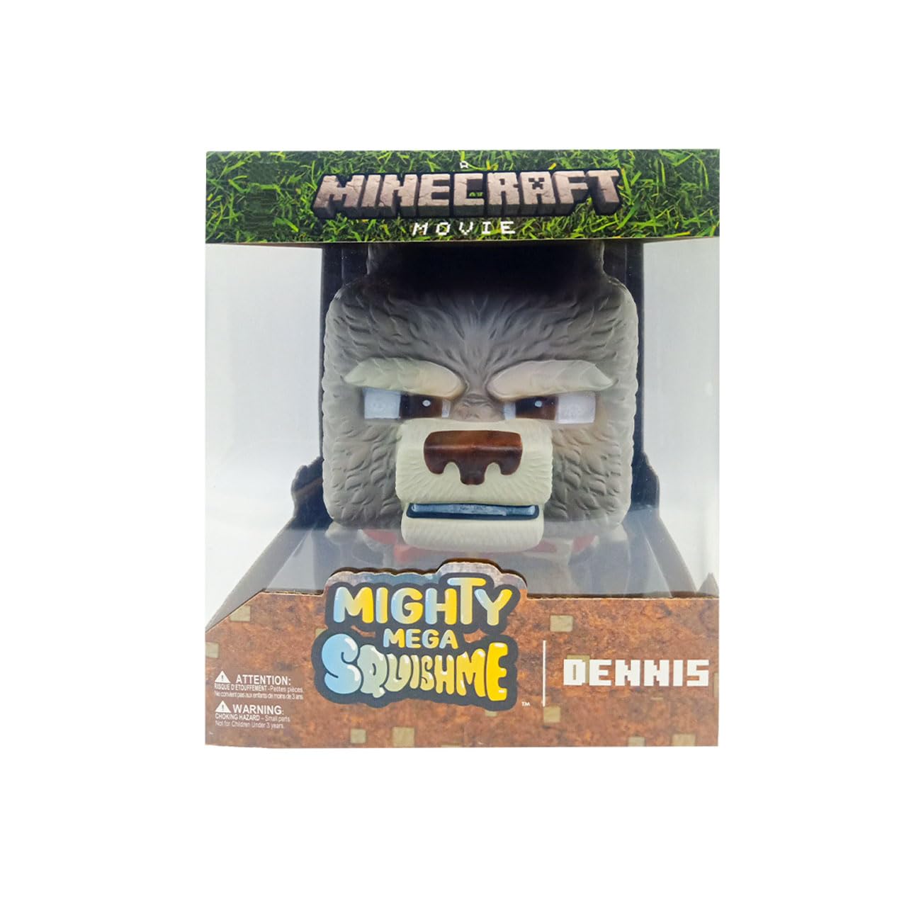 Just Toys Minecraft Mighty Mega Squishme Dennis Wolf closeup fabric reveals premium stitching and plush softness.