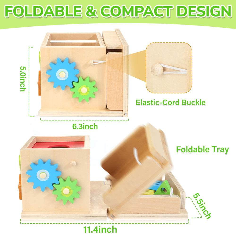 Justwood ball drop with spinning gear engages cause-and-effect play.