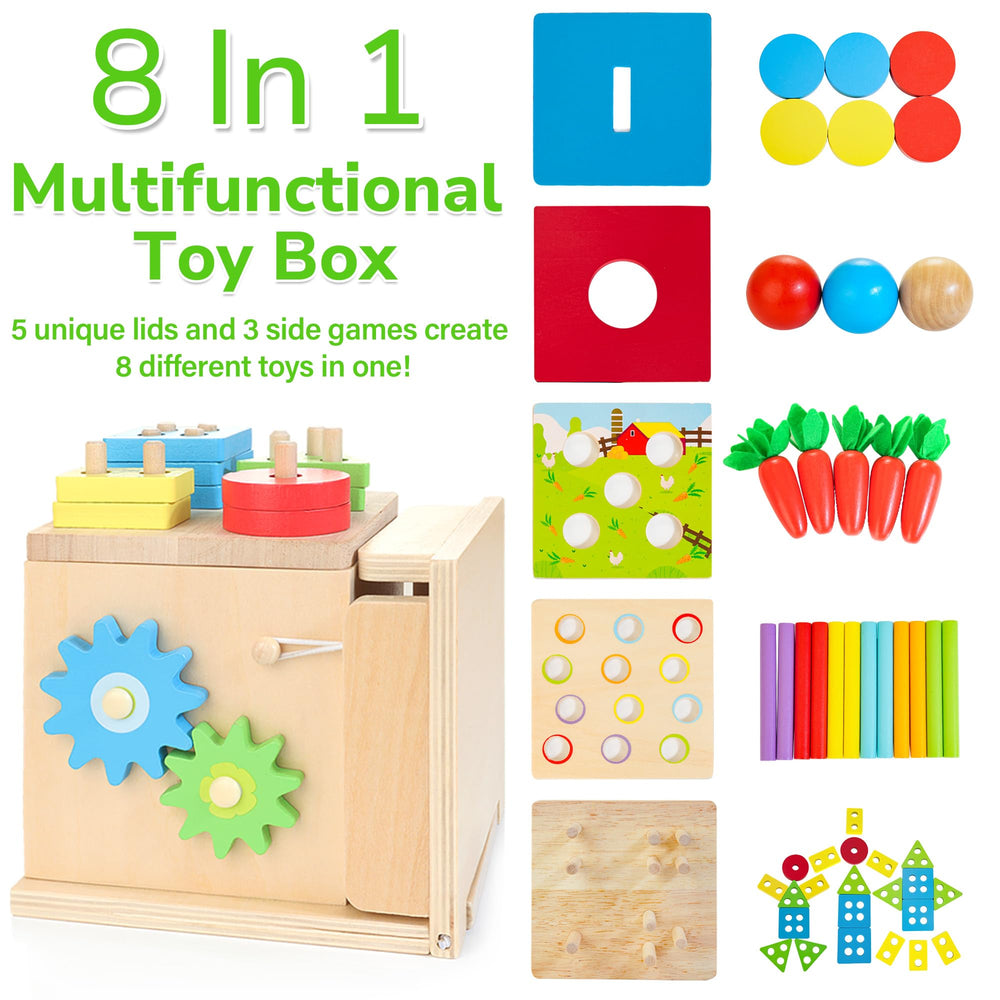 Justwood color sorting sticks and stacking pieces boost fine motor skills.
