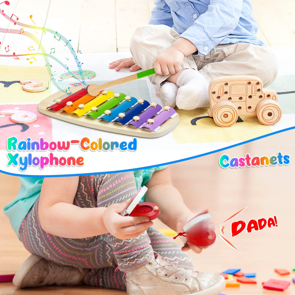 JUSTWOOD mallets accompany kid-friendly instruments for precise rhythm practice and play.