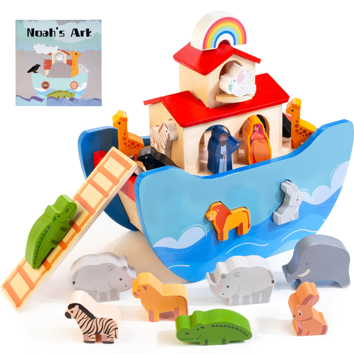 JUSTWOOD Noah's Ark toy set with giraffes and elephants boosts imaginative play.