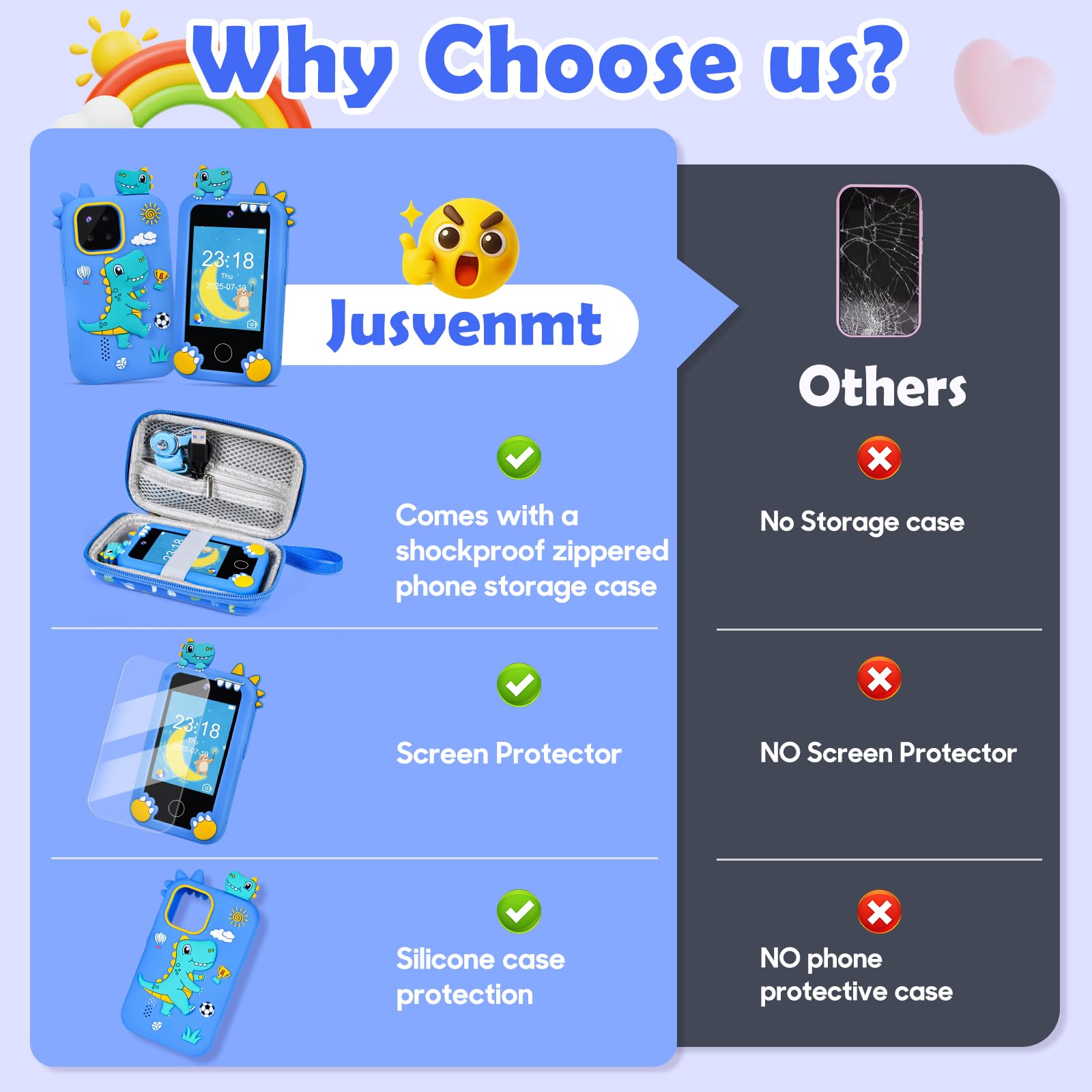 Jusvenmt dinosaur phone features a protective silicone case for safe handling.