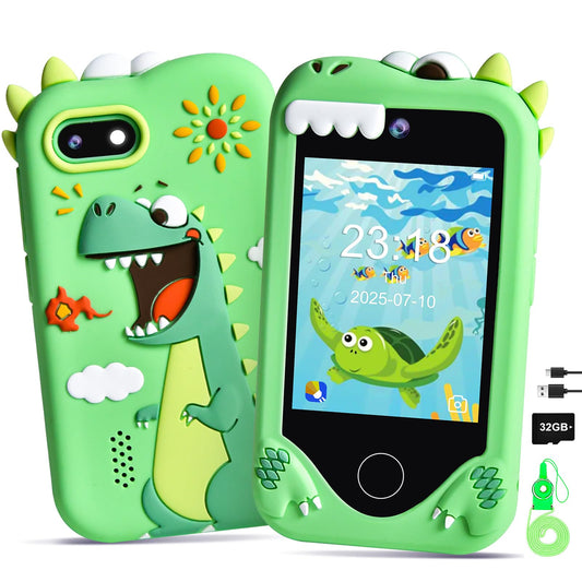 Jusvenmt dinosaur-themed kids phone front view for imaginative play and safe fun