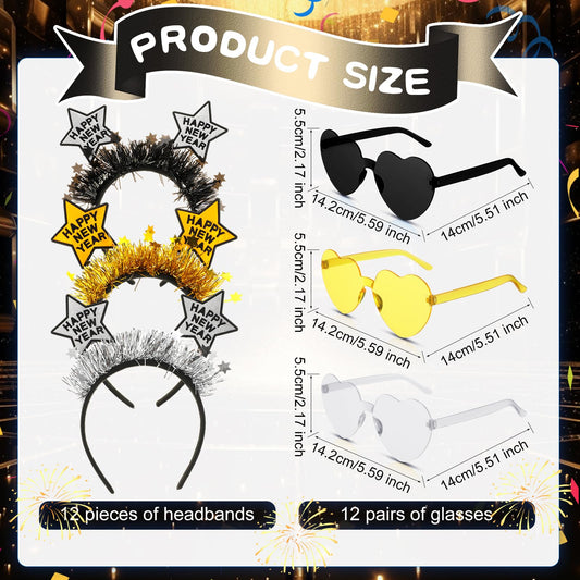 Jutom Happy New Year headbands in black, gold, silver for celebrations.