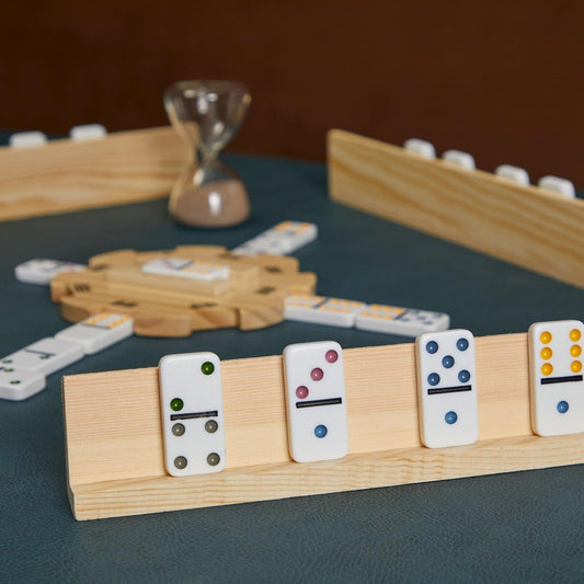 Juvale Dominoes Holders in unfinished wood offer customizable trays to match your decor.