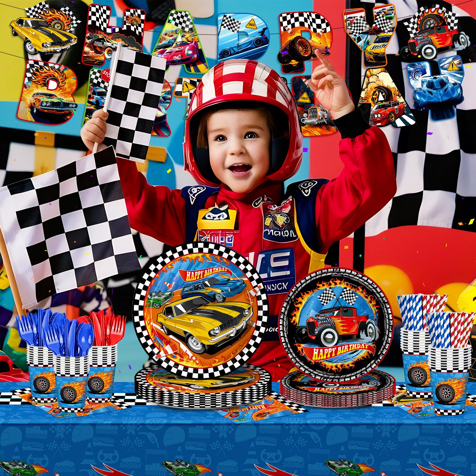 JVORFDG race car cups and straws, kid-friendly beverage service.