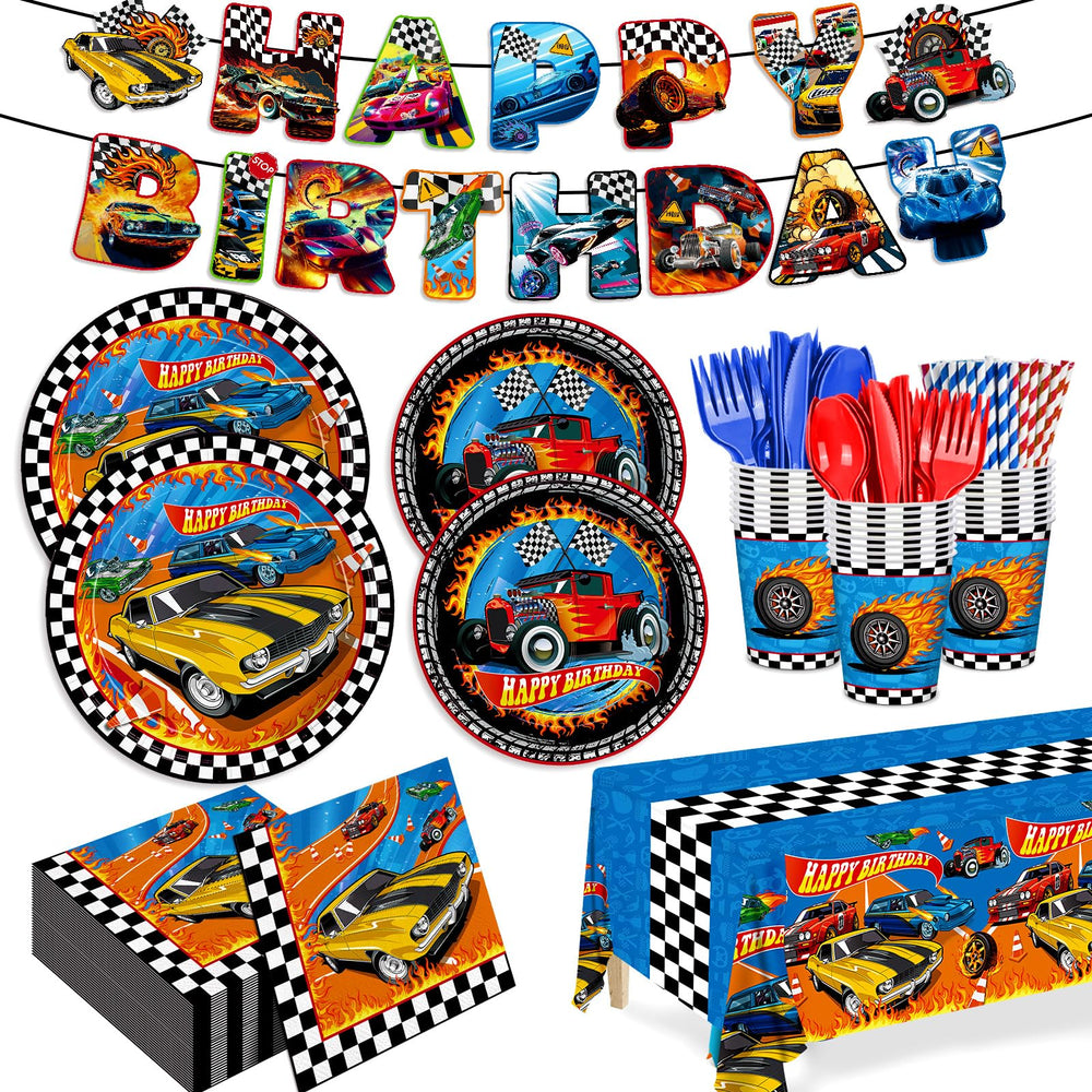 JVORFDG race car plates 9inch set for kids' party, durable and easy cleanup.