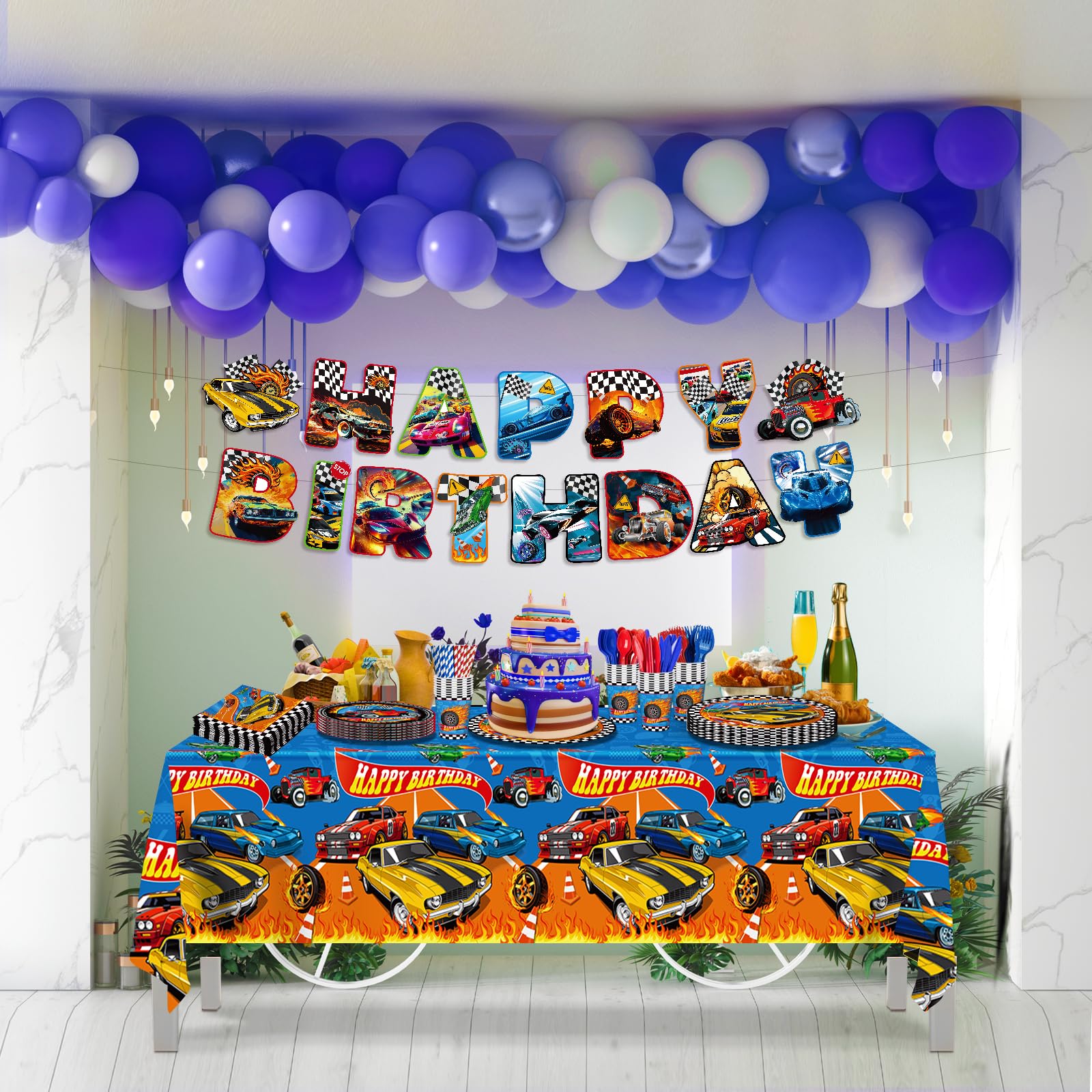 JVORFDG race car tablecloth, keeps surfaces clean and cohesive table presentation.